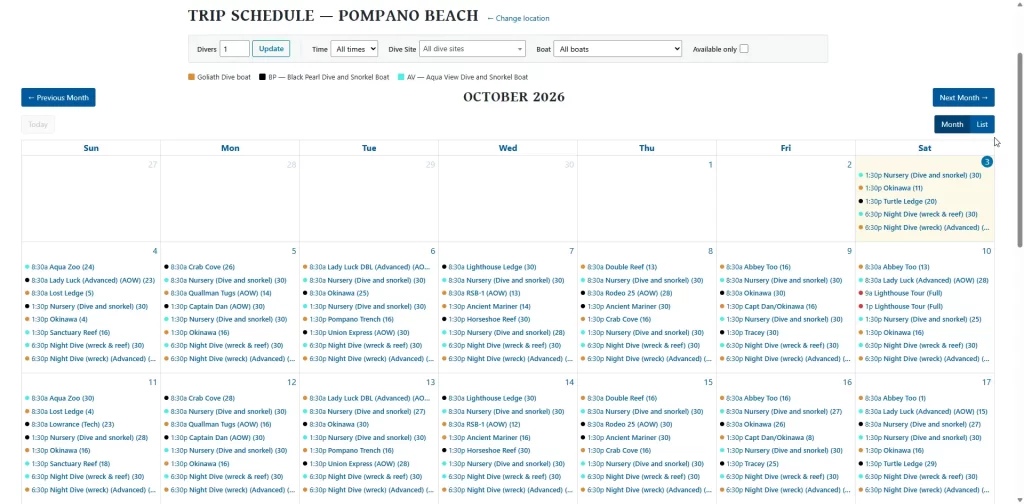 Dive Boat Reservations Calendar Page